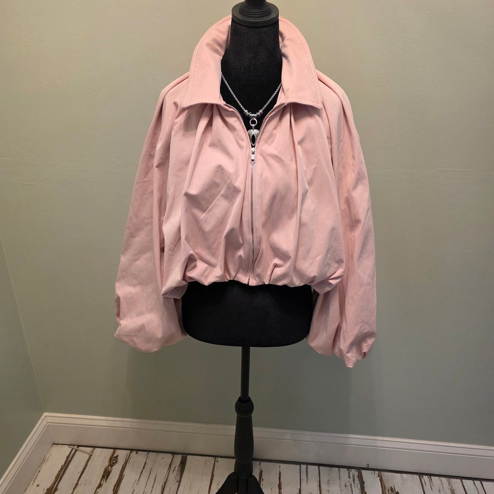 Zara Women Pink Cropped Balloon Sleeve Bomber Jacket Size S Full Zip Chalk Pink